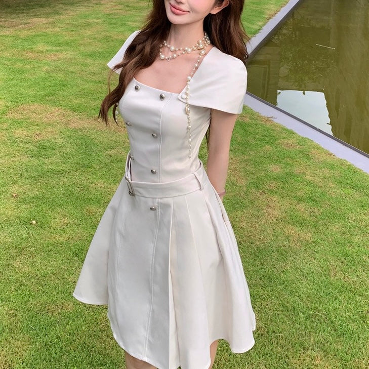 Cream Luxury Golden Button Belt Dress