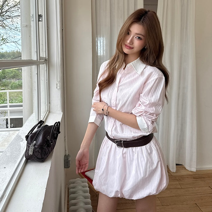 Light Pink Lined Button Up Belt Dress