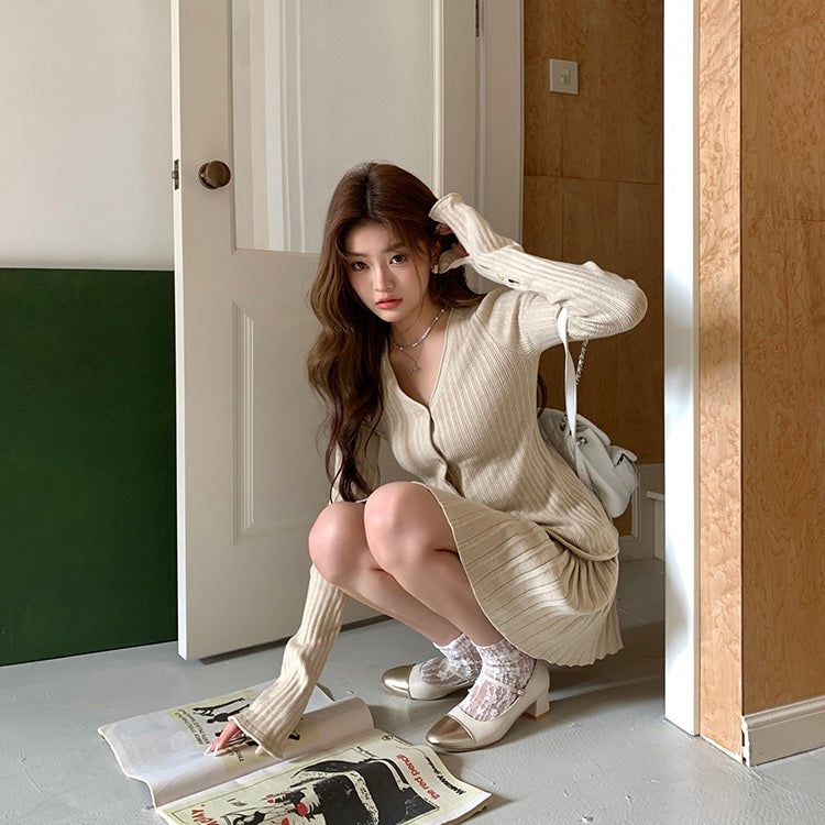 Knit Button-Up Sweater Pleated Skirt Set