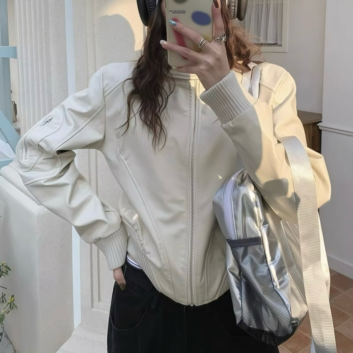 Cream Faux Leather Biker Jacket