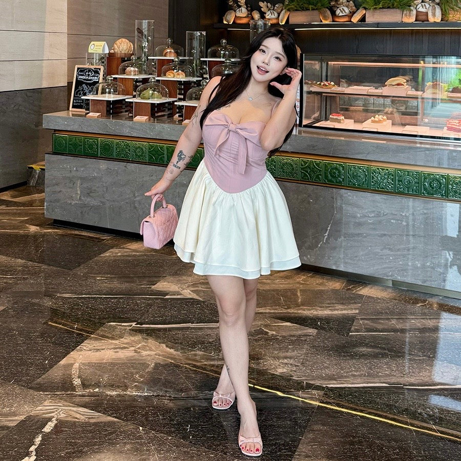 Pink Ribbon Tube White Pleated Dress