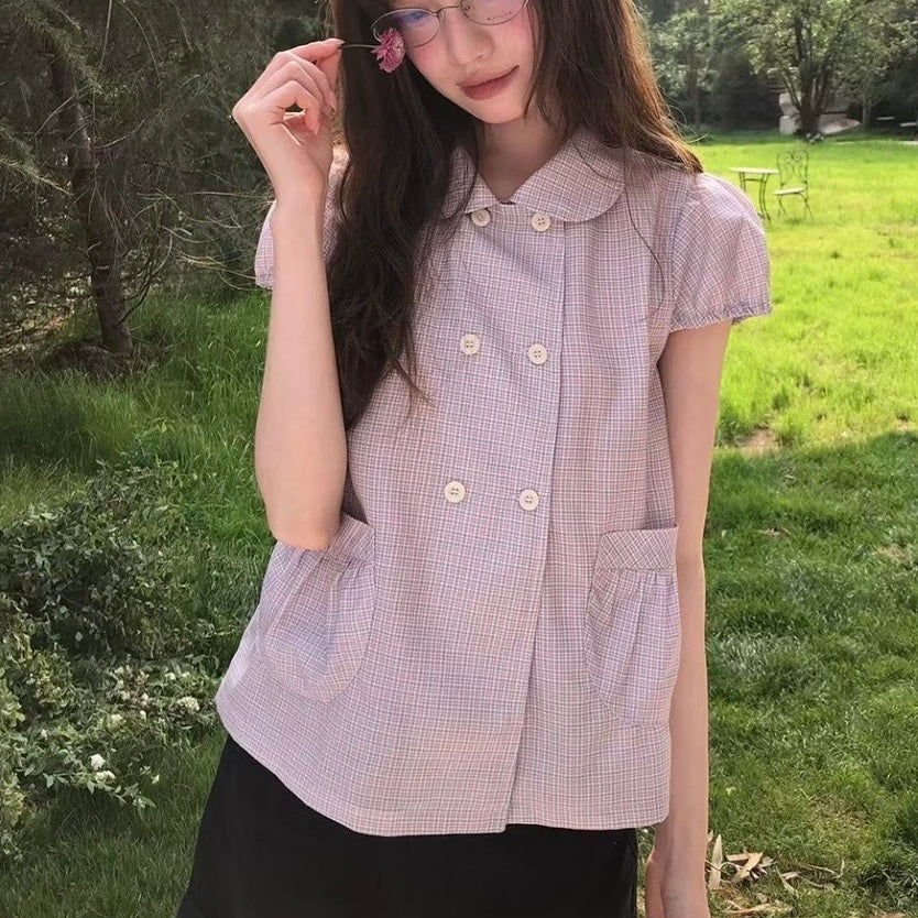 Purple Gingham Puff-Sleeve Top