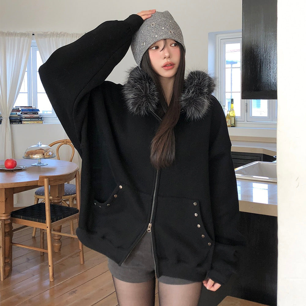 Black Fleece Lined Hood Zip Jacket