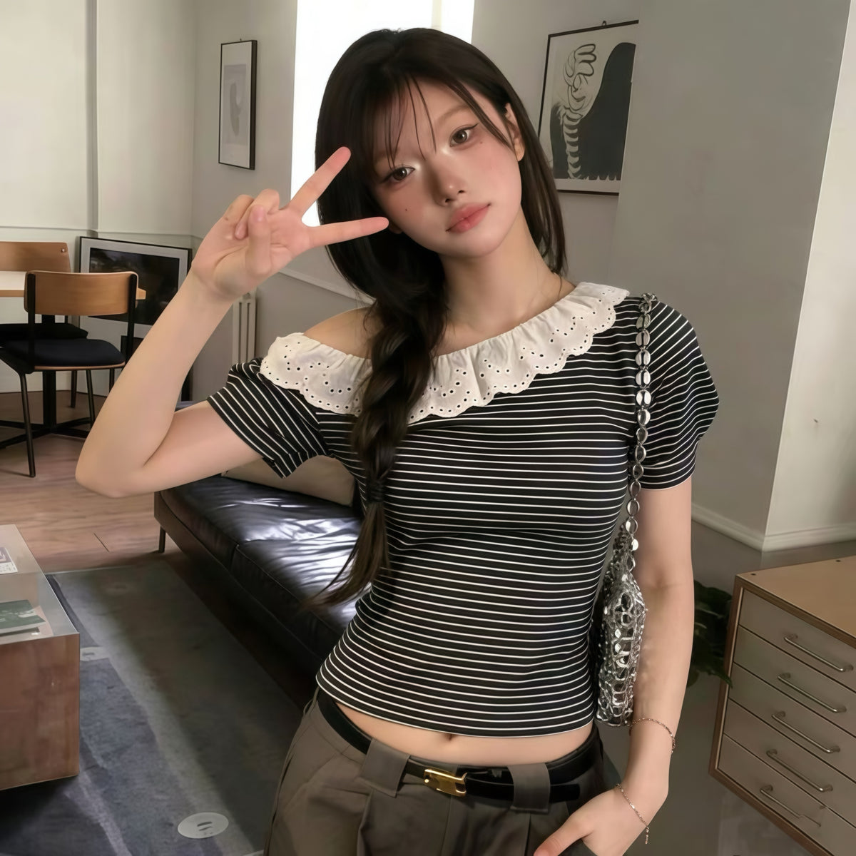Black Stripe Frill Single Off Shoulder Top