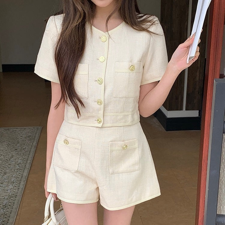 Beige Gold Button Top Shorts Set