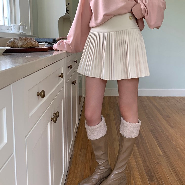 Thick Pleated Gold Button Skirt