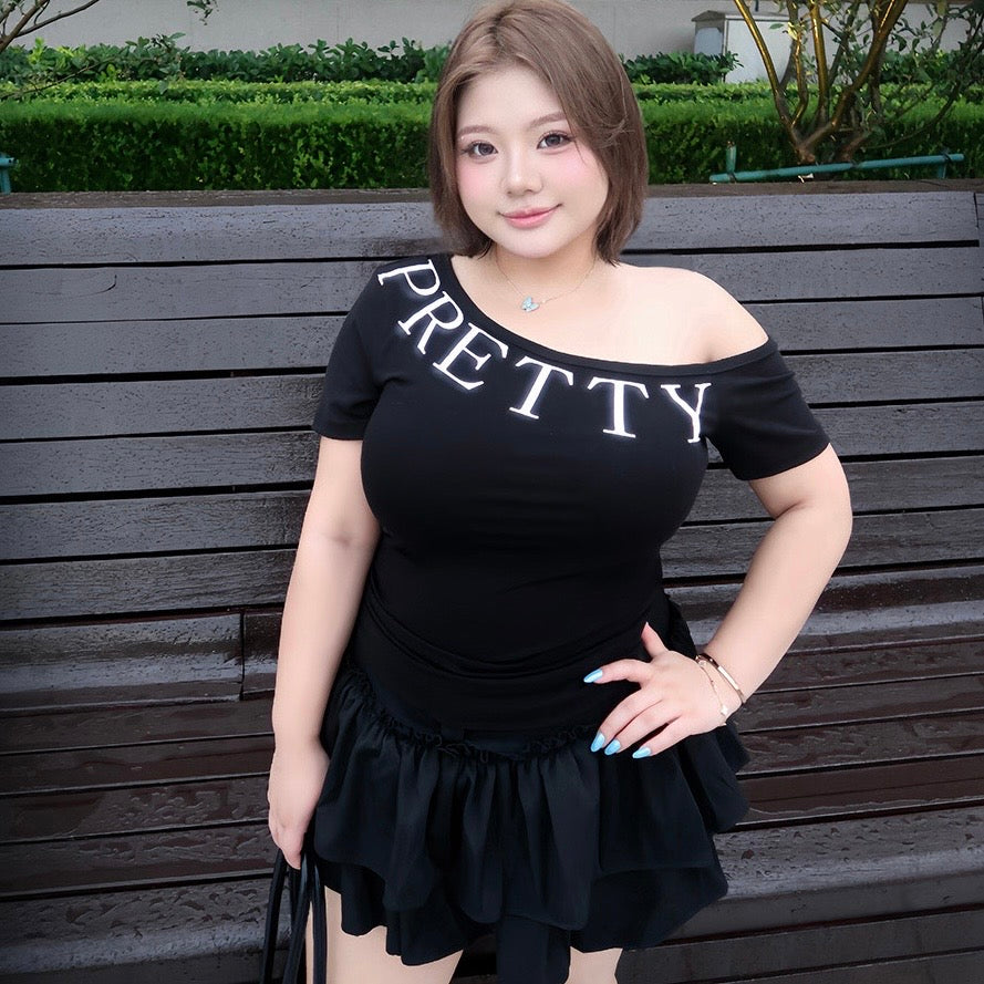 Pretty Single Off Shoulder Top Ruffle Skirt Set