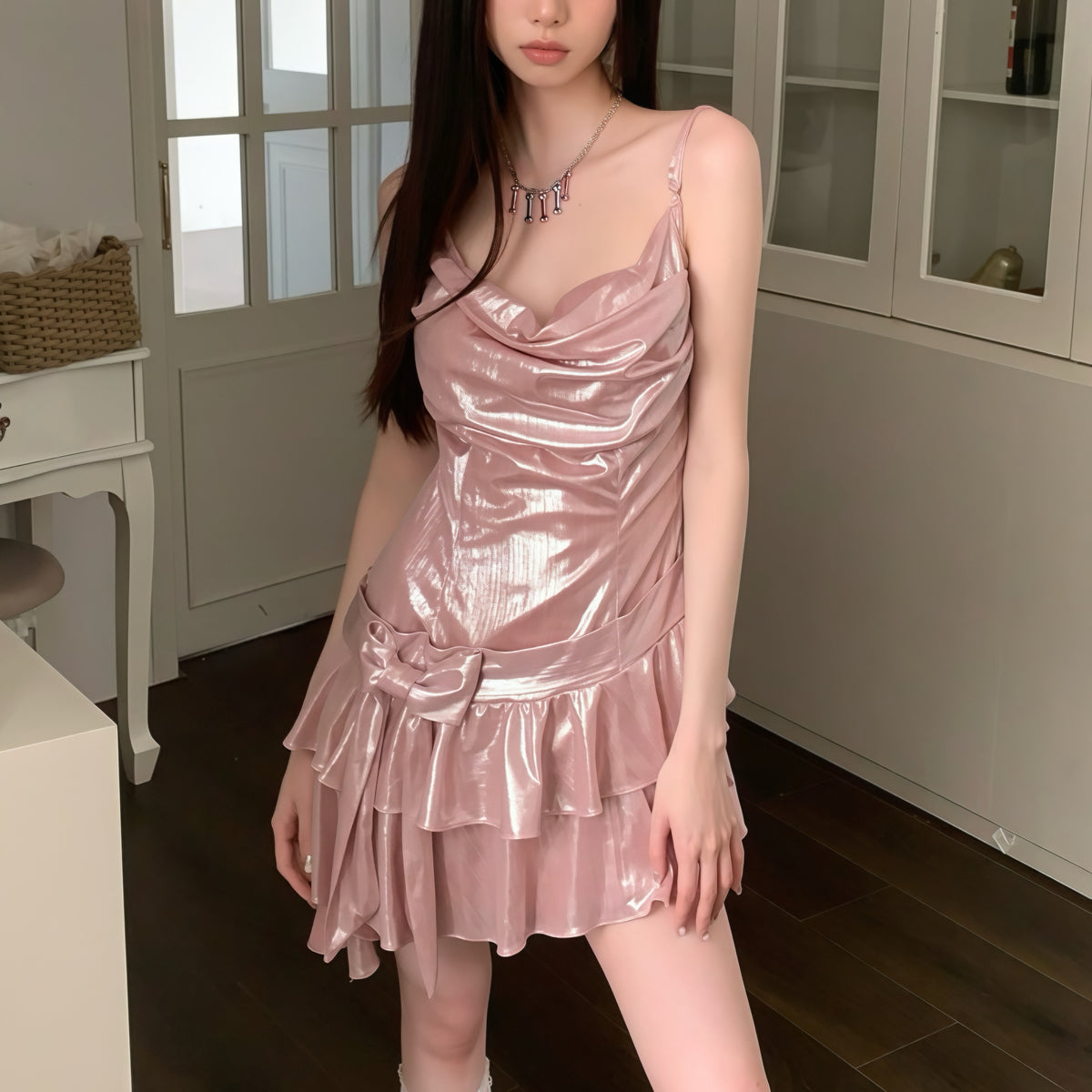 Pink Shiny Ruffle Hem Dress
