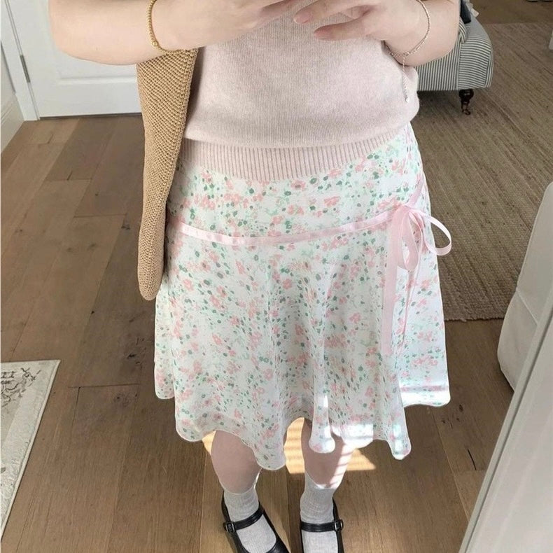 Pink Ribbon Floral A-Line Skirt