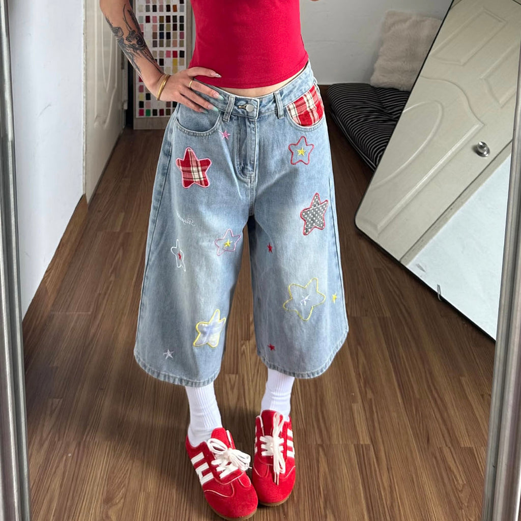 Red Star Patch Denim Denim Blue Jorts