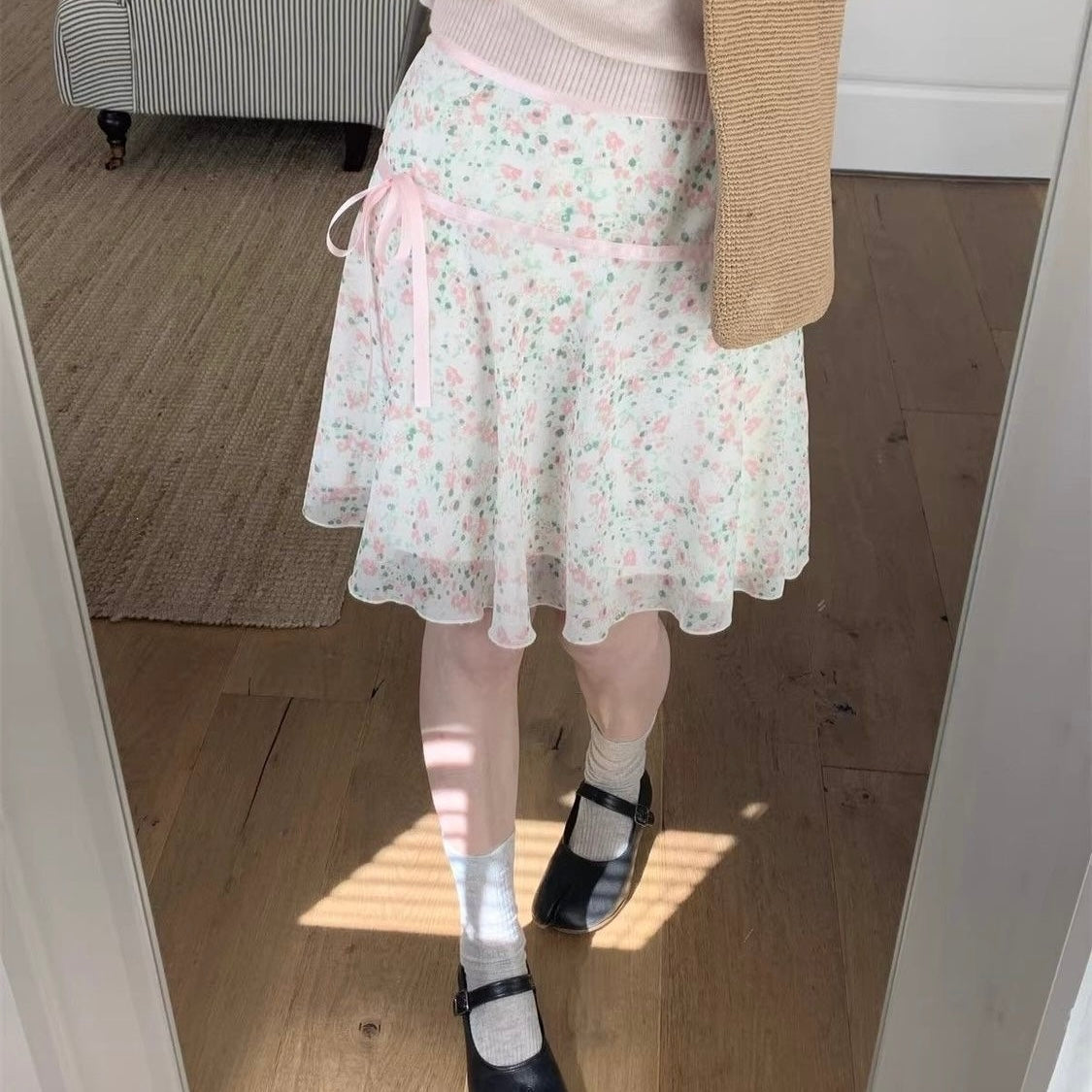 Pink Ribbon Floral A-Line Skirt