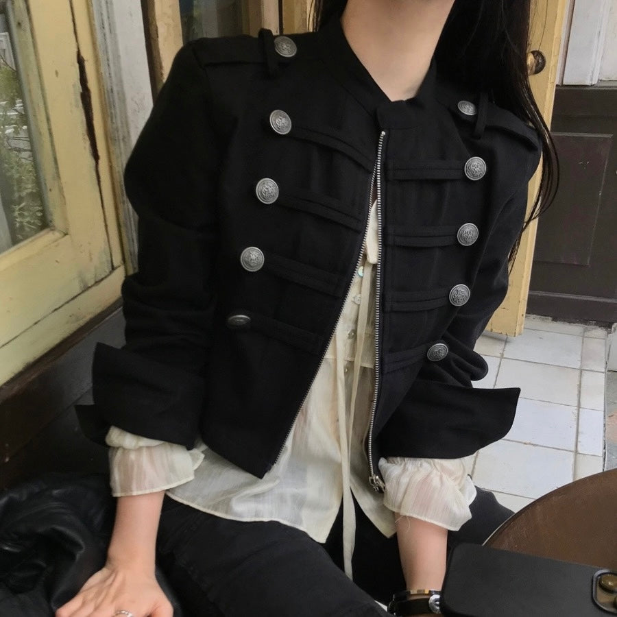High Neck Double Side Button Zip Jacket