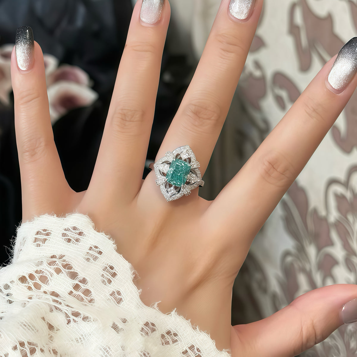 Tourmaline 2ct Cushion Flower Diamond Ring