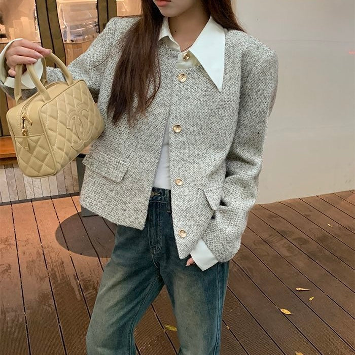 Grey Tweed Gold Button Jacket
