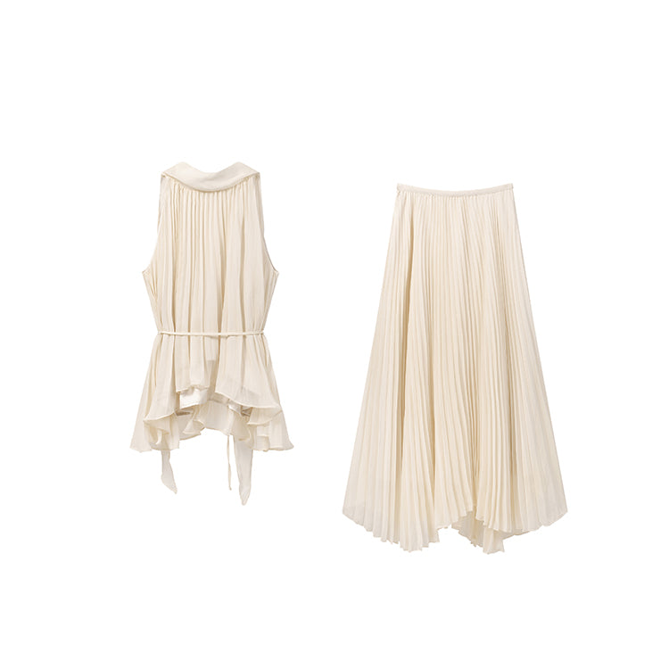 Beige Pleated Maxi Halter Dress