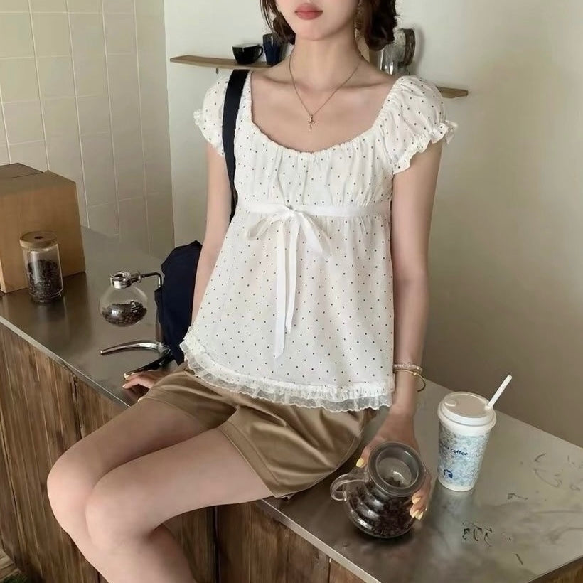 Beige Polka Dot Puff-Sleeve Top
