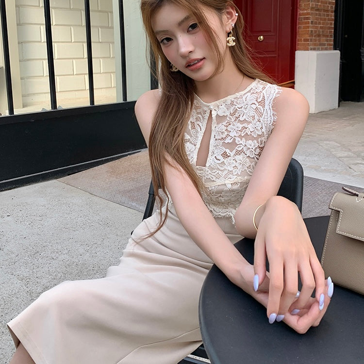 Beige Lace Front Halter Pencil Dress
