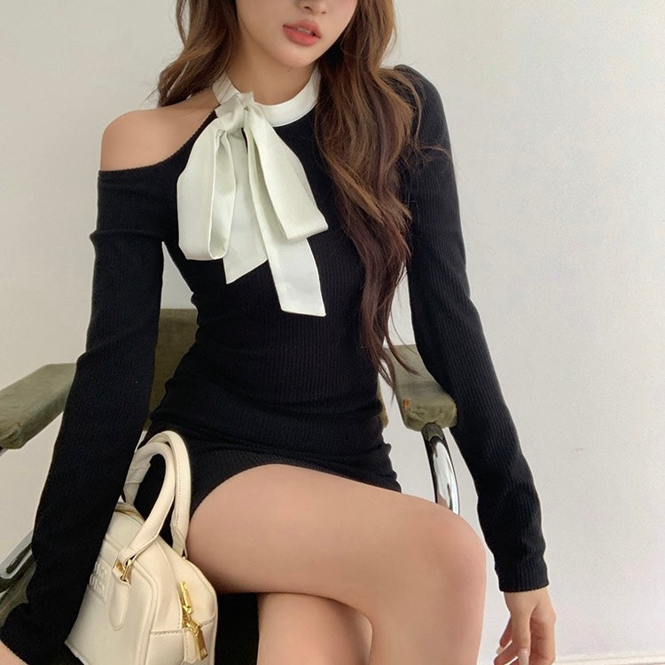 Ribbon Neck Tie Black Dress