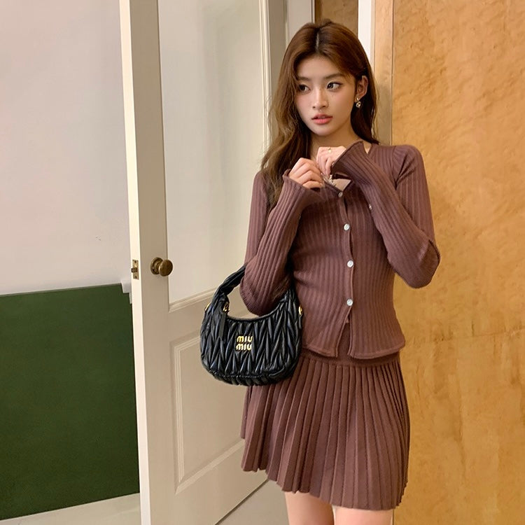 Knit Button-Up Sweater Pleated Skirt Set