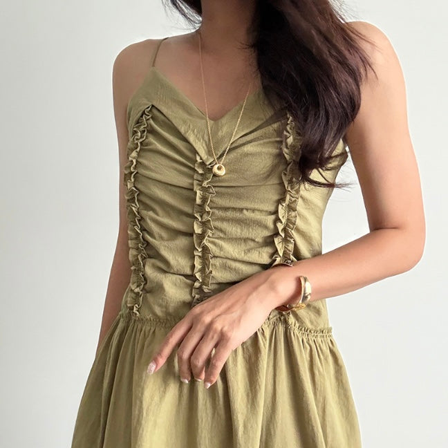Front Triple Line Ruffle Maxi Dress