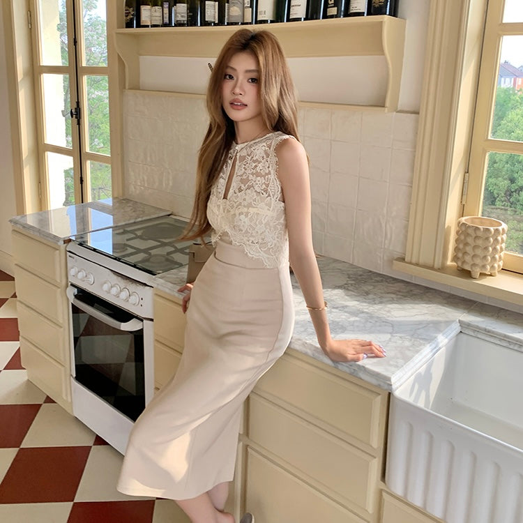 Beige Lace Front Halter Pencil Dress