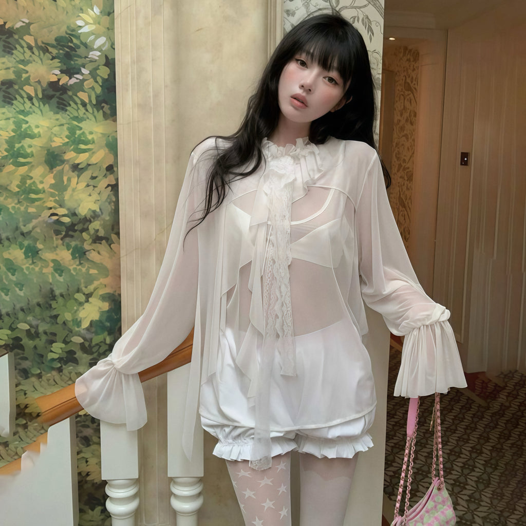Ruffle Sheer Long-Sleeve Top