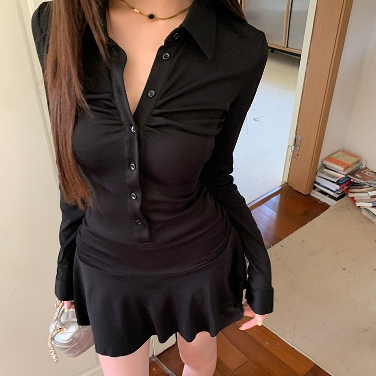 Black Middle Cinch Button-Up Dress