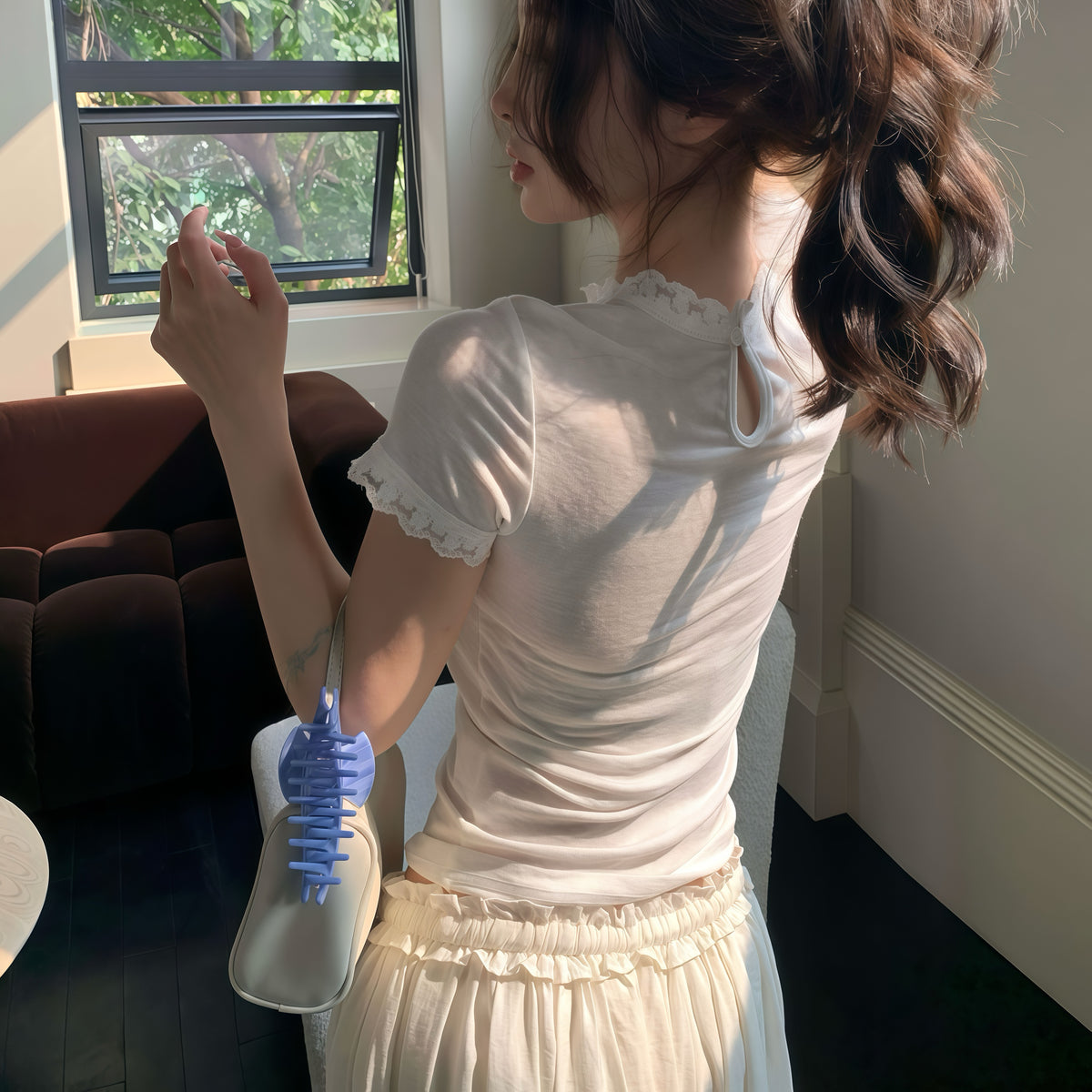 White Sheer Lace Trim Baby Tee