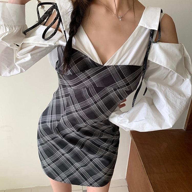 Layered Grey Plaid White Sleeve Dress