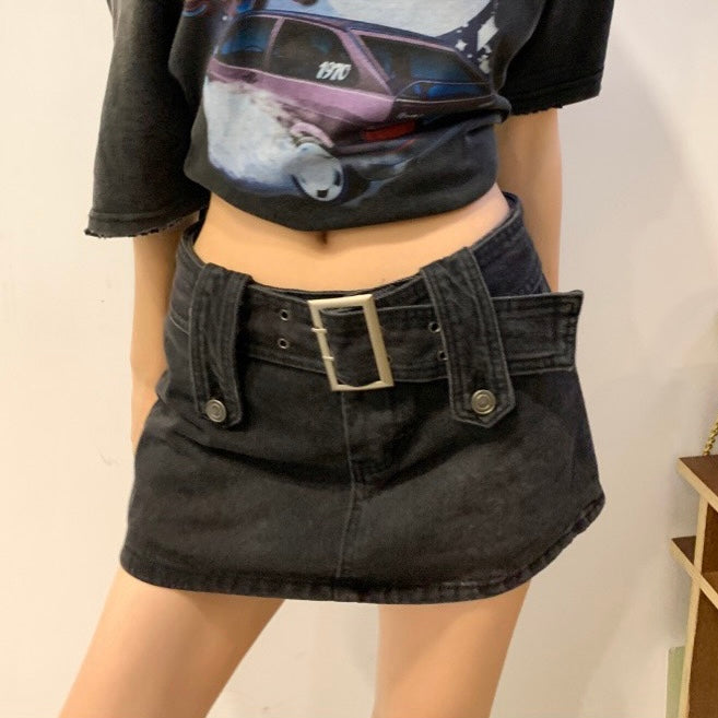 Black Buckle Belt Denim Mini Skirt