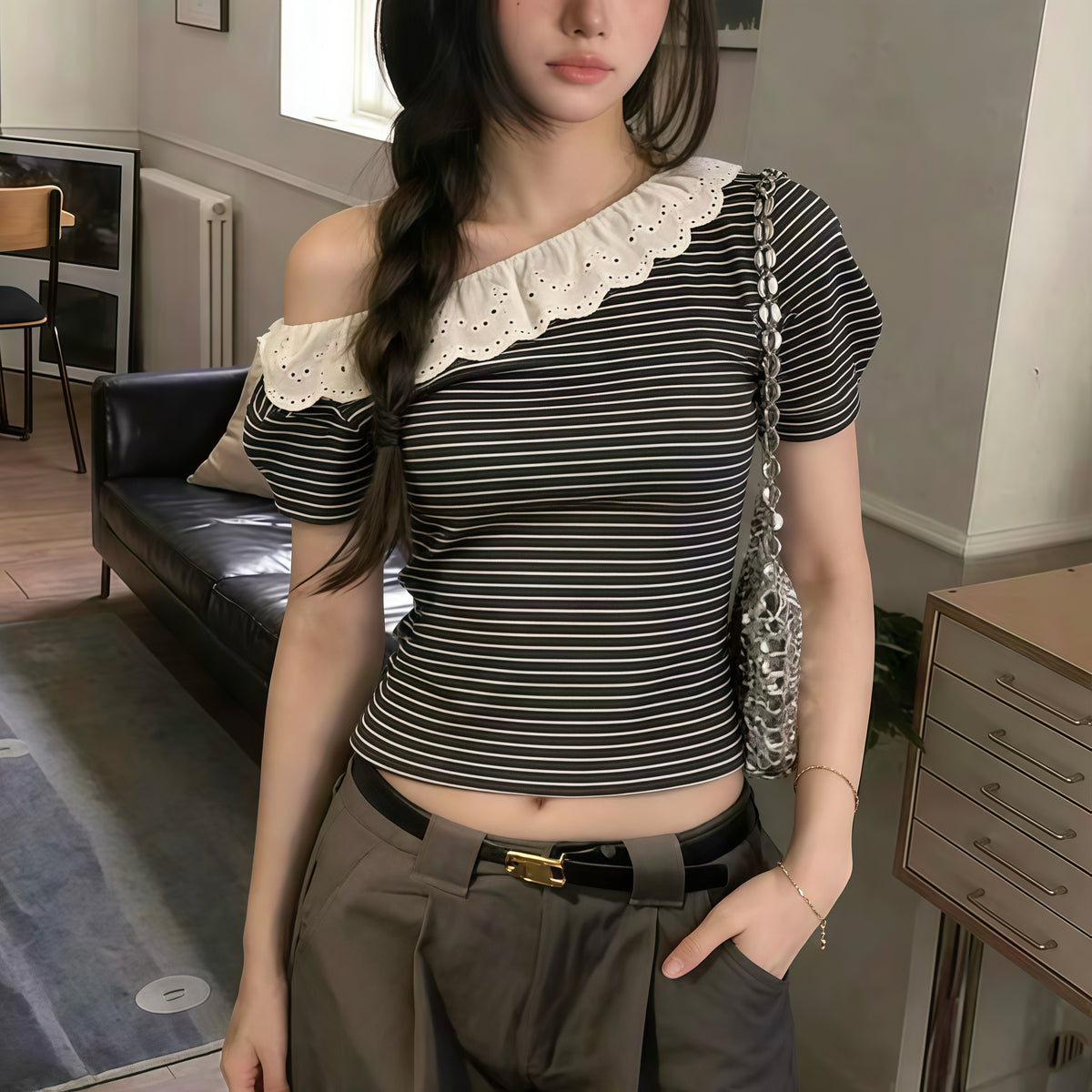 Black Stripe Frill Single Off Shoulder Top
