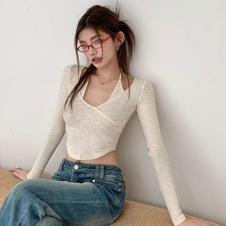 Beige Knit Mock Two-Piece Top