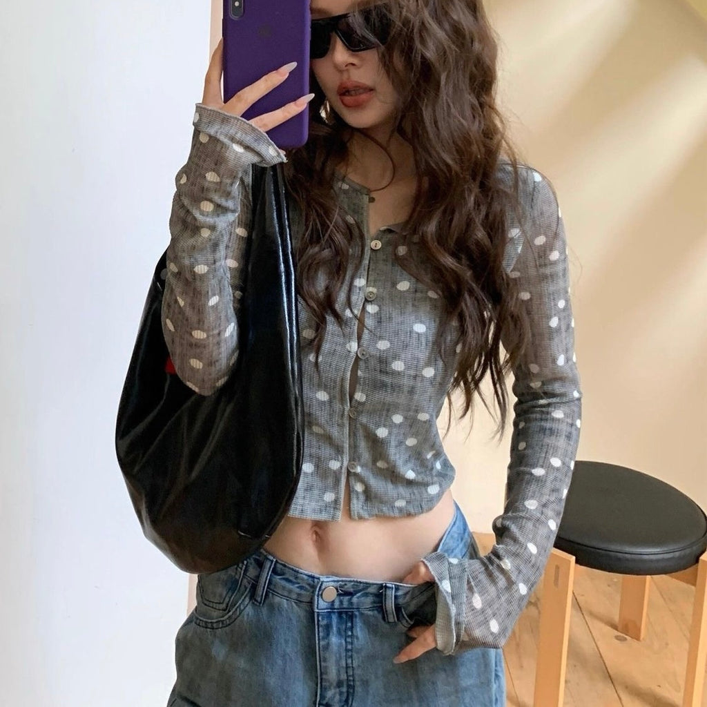 Grey Polka Dot Button Long Sleeve Top
