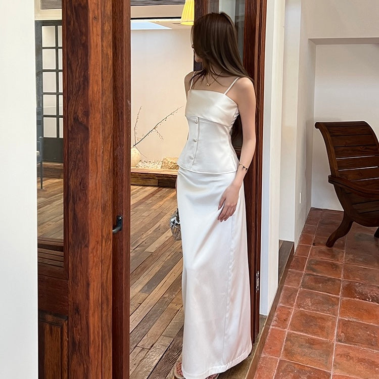 White Satin Camisole Maxi A-Line Skirt Set