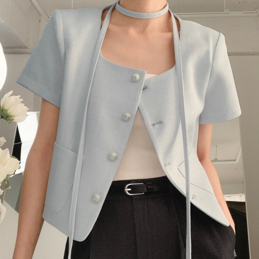Button-Up Short-Sleeve Blazer