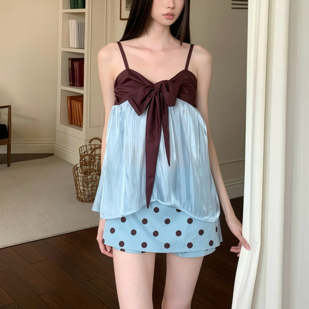 Brown & Blue Camisole Polka Dot Skirt Set