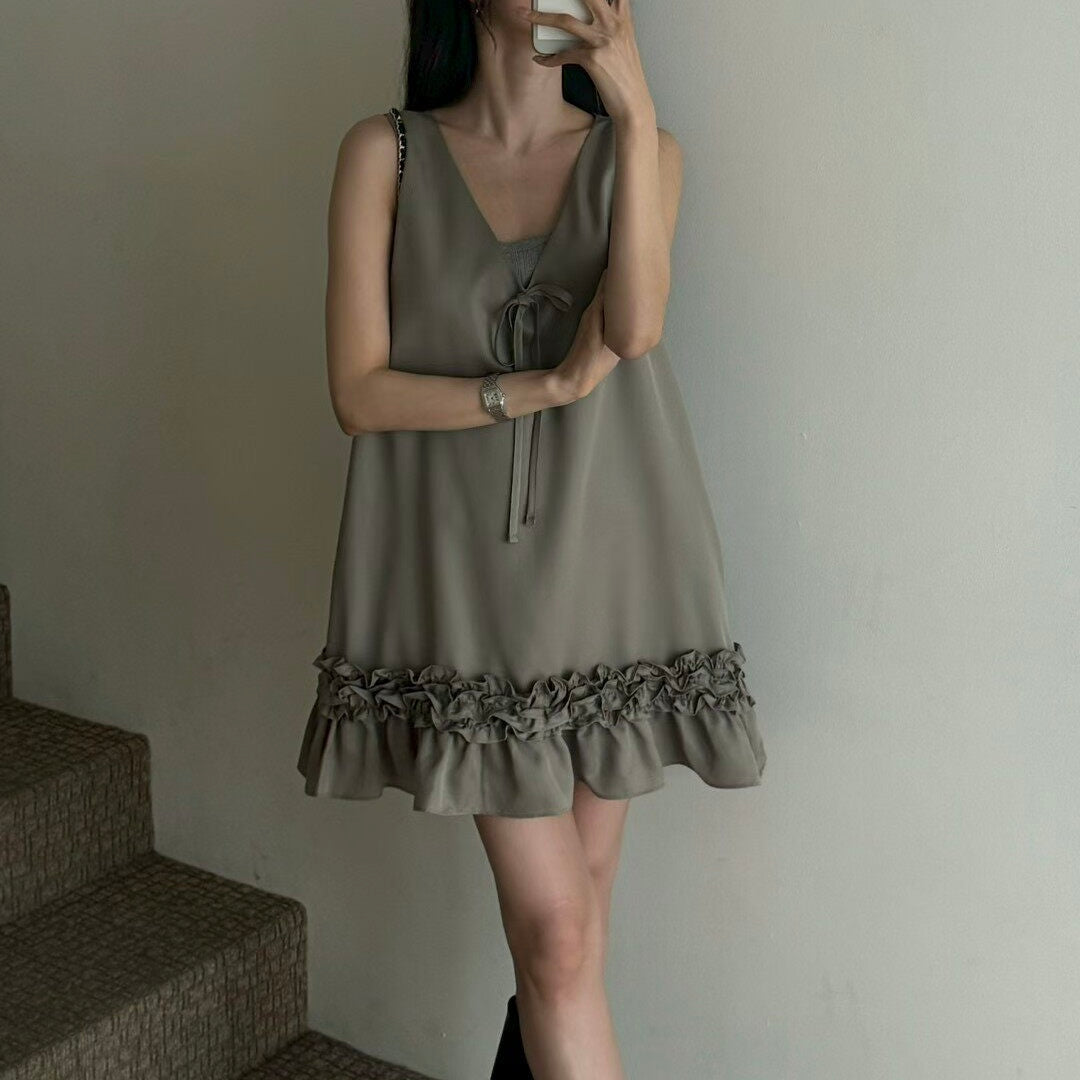V-Neck Satin Ruffle Hem Slip Dress