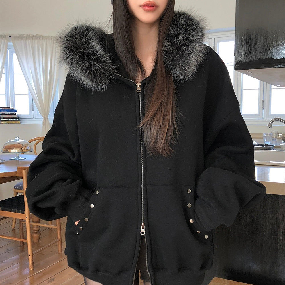 Black Fleece Lined Hood Zip Jacket