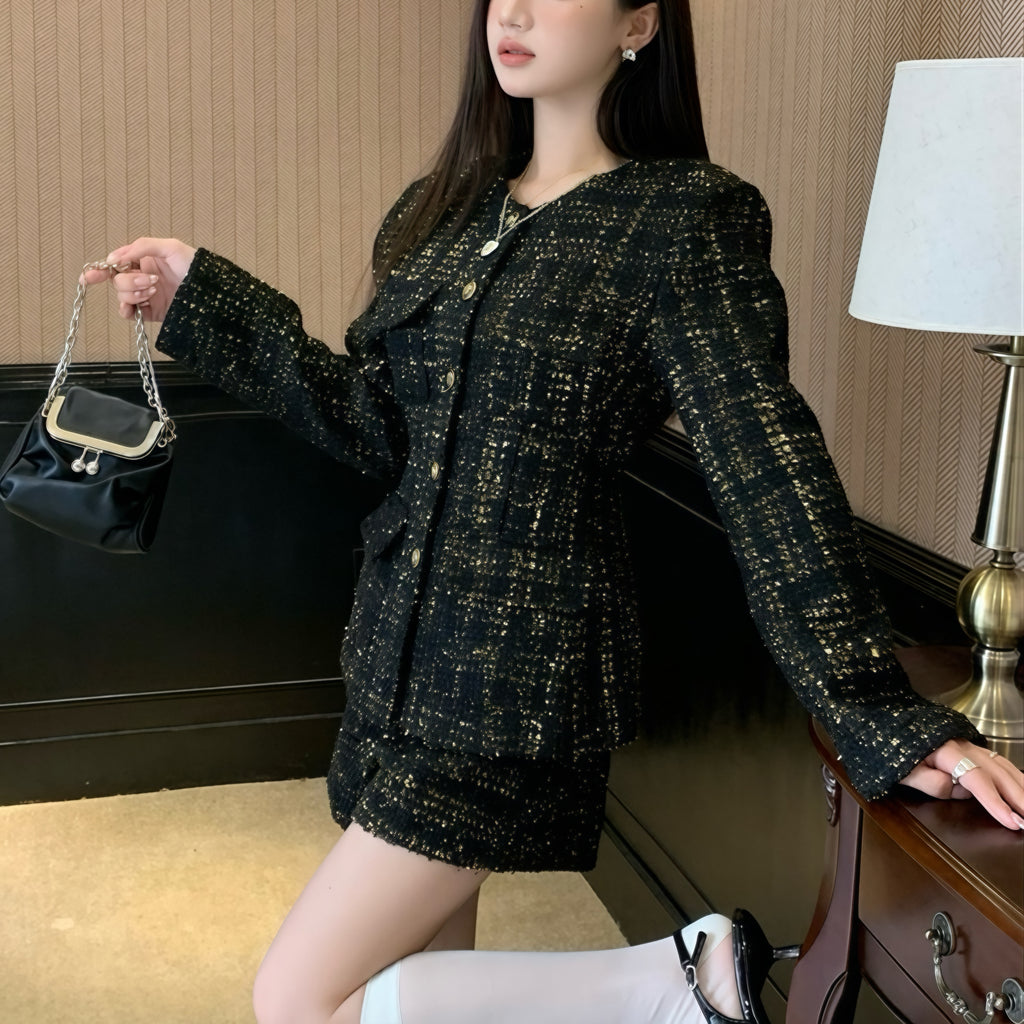 Black Tweed Gold Accent Blazer Skirt Set
