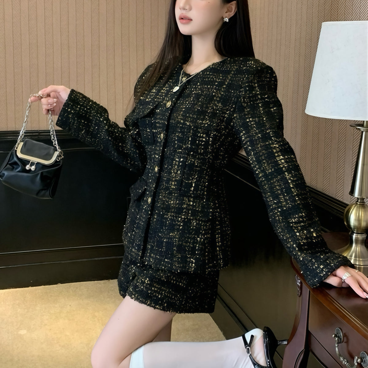 Black Tweed Gold Accent Blazer Skirt Set