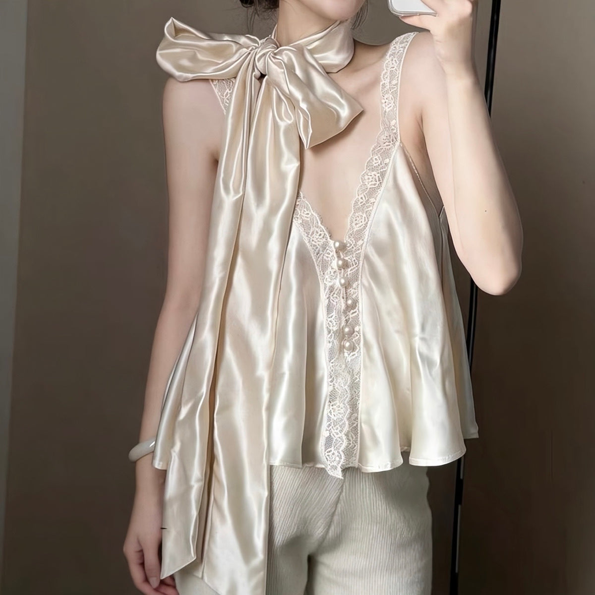 Champagne Satin Ribbon Scarf Lace Camisole
