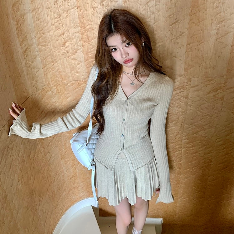 Knit Button-Up Sweater Pleated Skirt Set
