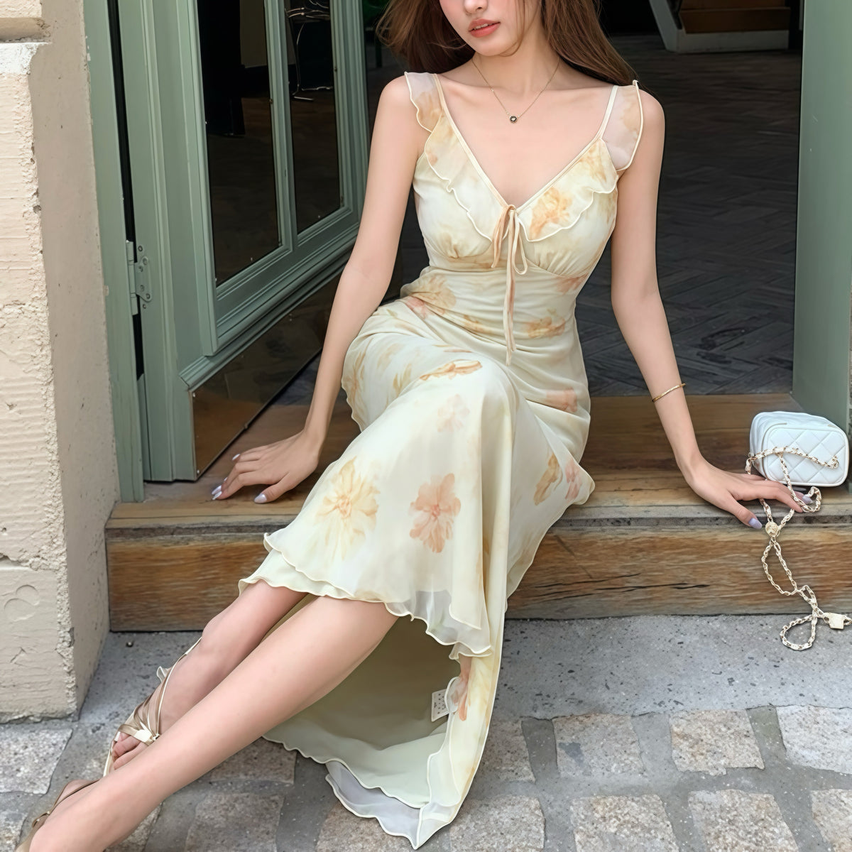 Yellow Light Floral Ruffle Maxi Dress