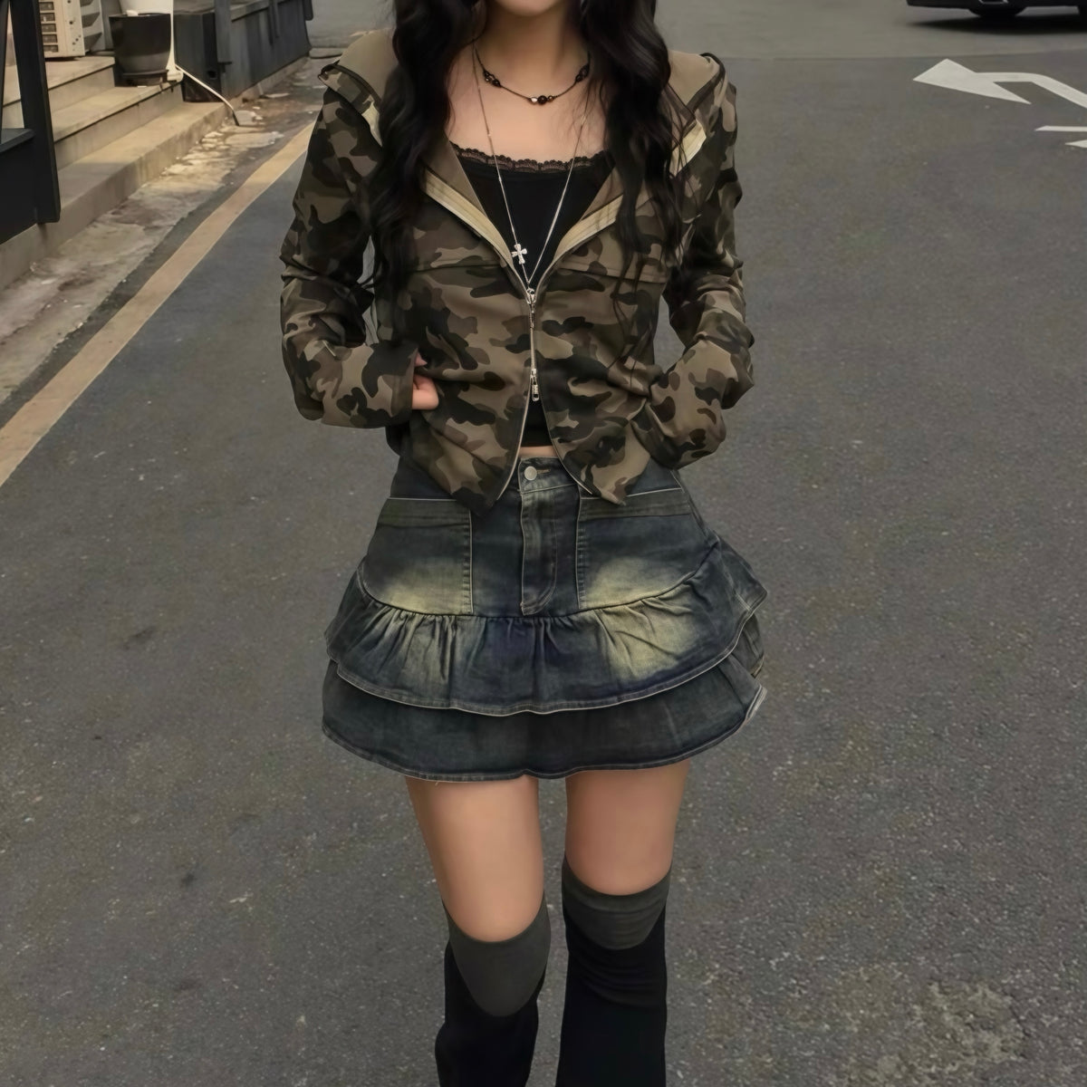 Khaki Camo Zip Crop Hoodie