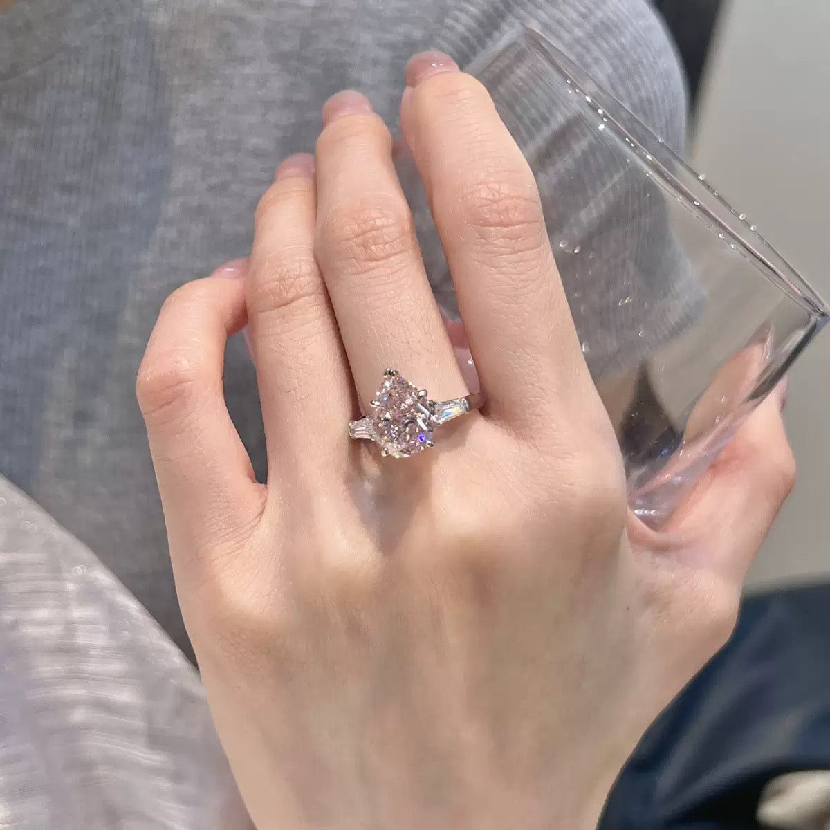 Pink Pear Trapezoid Trilogy Diamond Ring S925