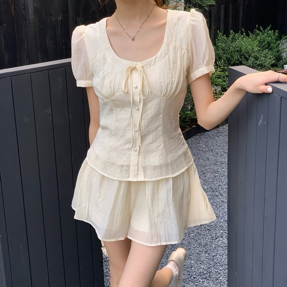 Beige Light Short Flowy Top Skirt Set