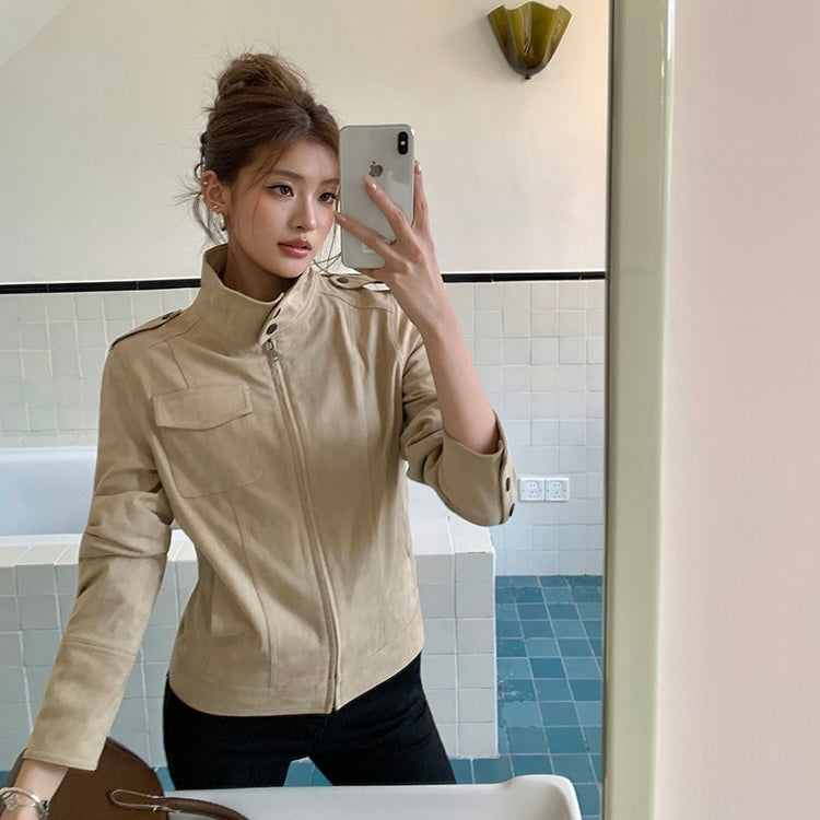 Tan Suede Biker Zip Jacket