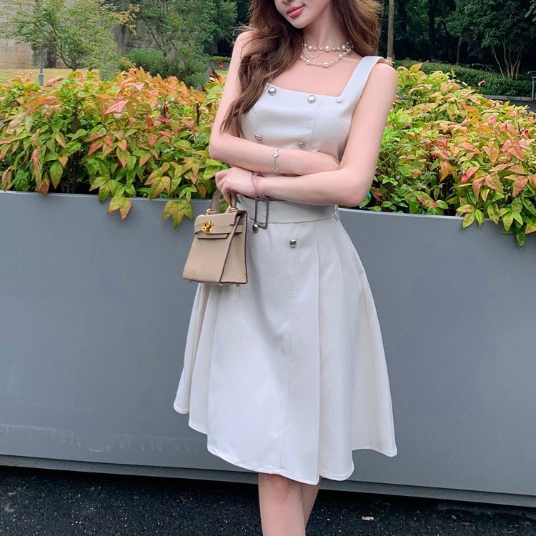 Cream Luxury Golden Button Belt Dress