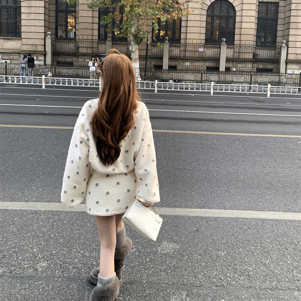 Beige Purple Polka Dot Sweater Skirt Set