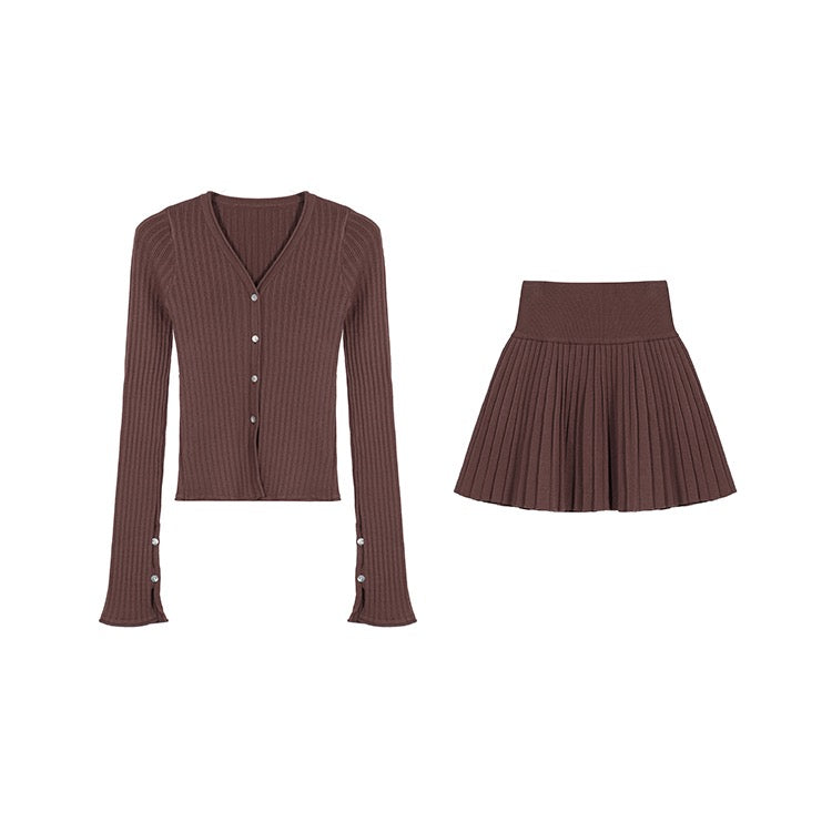 Knit Button-Up Sweater Pleated Skirt Set